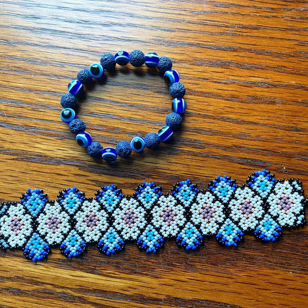2 Bracelets: Handmade Mexican Beads and Greek"Evil Eye" beads